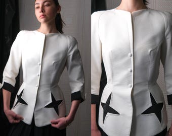 Vintage 80s THIERRY MUGLER White & Black Exaggerated Peplum Blazer w/ Star Pockets | Made in France | Wool Cotton | 1980s French Designer