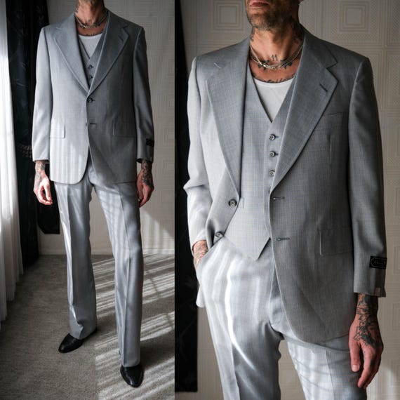 Vintage 70s CHRISTIAN DIOR Baby Blue Check Three Piece Wide Lapel