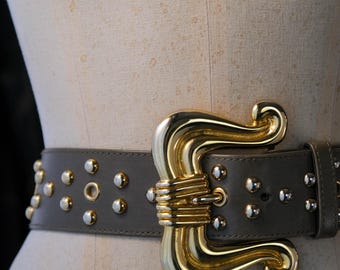 Vintage 80s ESCADA Khaki Leather & Gold Dome Studded Belt W
