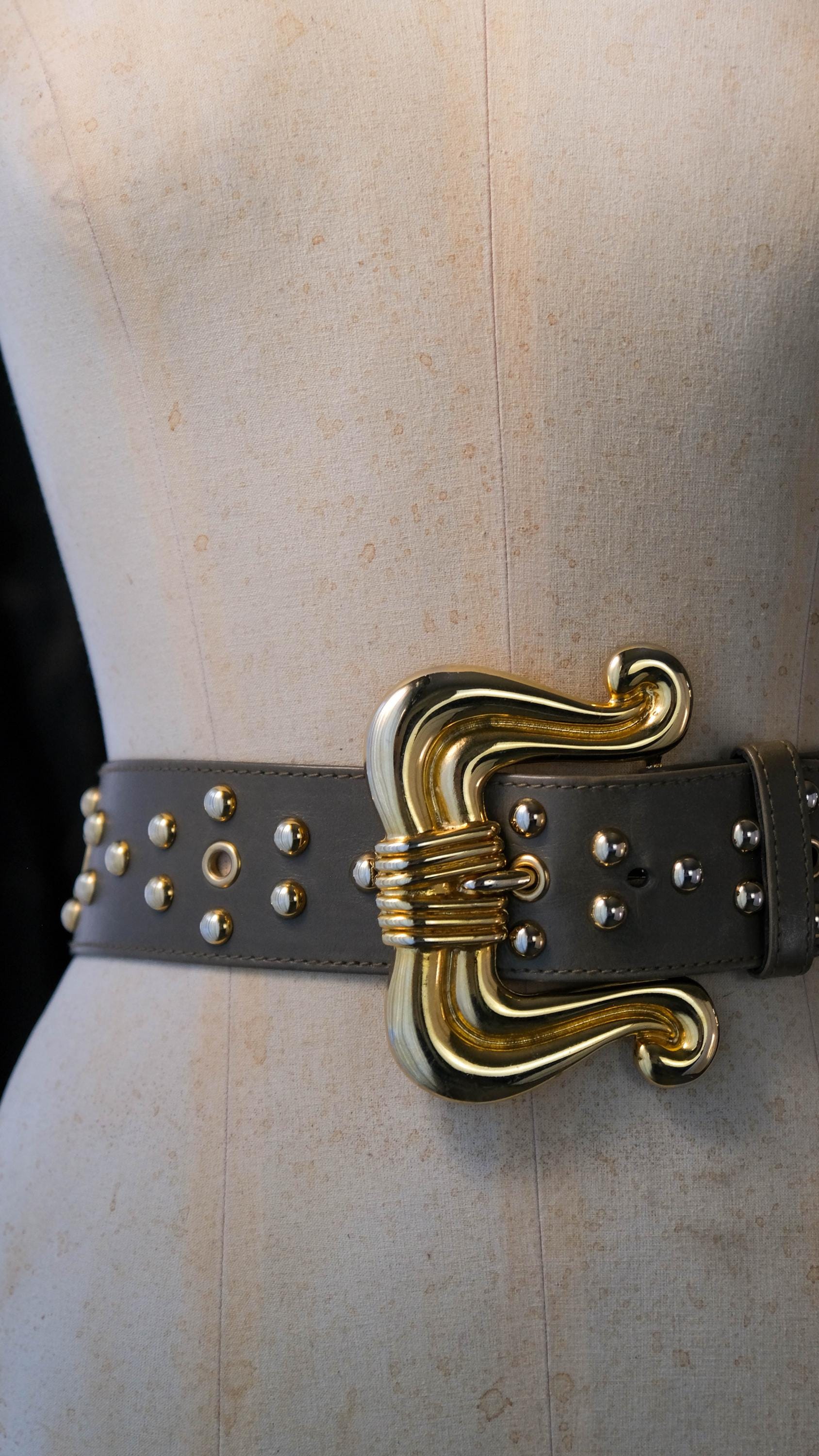 Vintage 80s ESCADA Khaki Leather & Gold Dome Studded Belt W