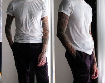 Vintage 80s Sears Roebuck Co. Paper Thin Blank White Single Stitch Tee Shirt | Made in USA | Cotton/Polyester | 1980s SEARS Marbled T-Shirt