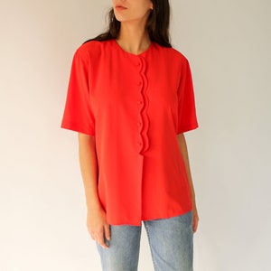 Vintage 70s 80s Pierre Cardin Tomato Red Scalloped Button Blouse Secretary, Collarless, Bohemian 1970s 1980s Designer Button Up Top image 1