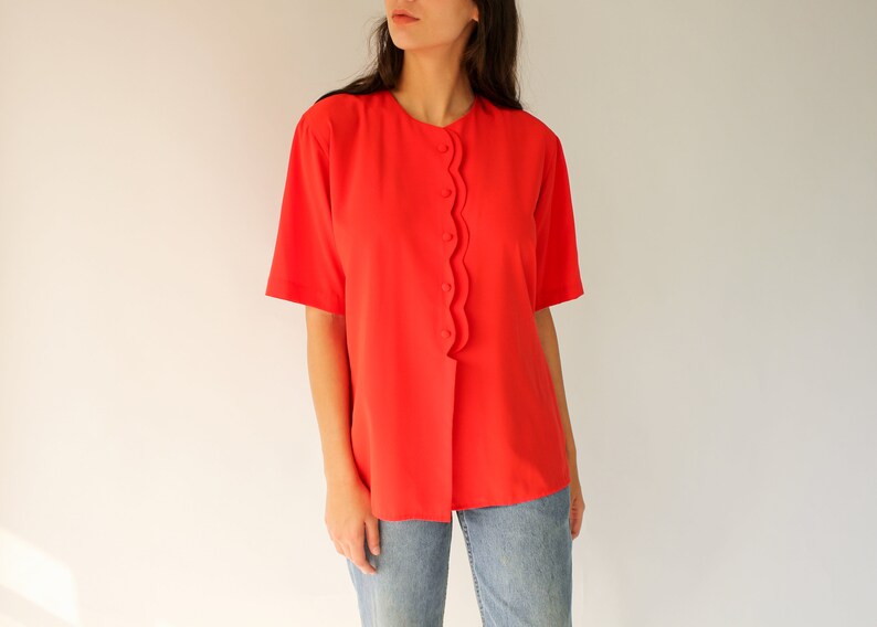 Vintage 70s 80s Pierre Cardin Tomato Red Scalloped Button Blouse Secretary, Collarless, Bohemian 1970s 1980s Designer Button Up Top image 1