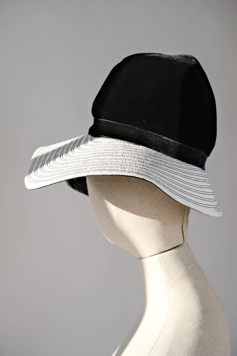 Vintage 60s Mr. Felix Chapeaux Leather & Velvet Tall and Floppy Hat Made in France 1960s Designer Wide Brim Hat image 8