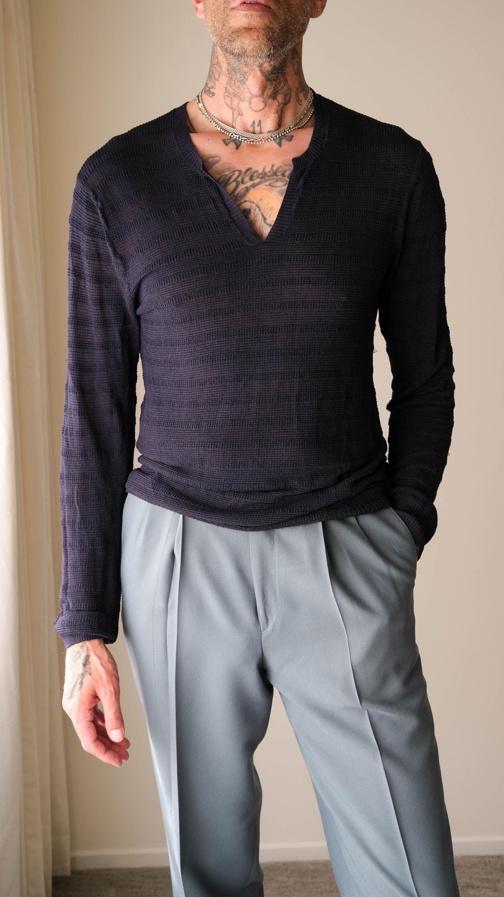 Vintage 90s ARMANI EXCHANGE Navy Semi Sheer Textured Shadow Stripe