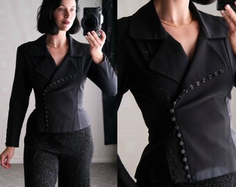 Vintage 80s Nulle Part Ailleurs Bauduret Black Stretch Asymmetrical Multi Snap Peplum Jacket | Made in France | 1980s French Designer Blazer