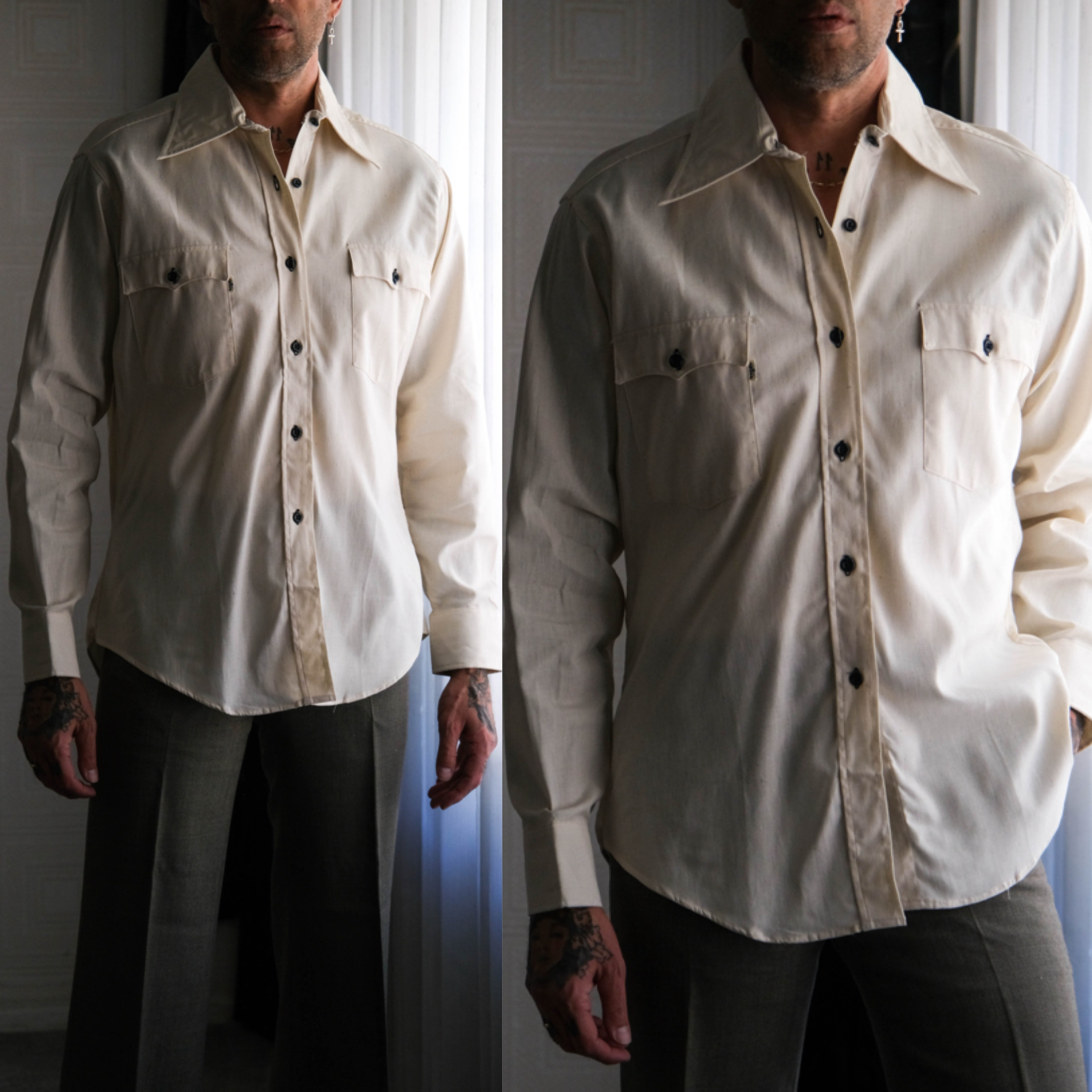 Vintage 70s LEVIS Natural Flecked Western Shirt W/ Navy Buttons 