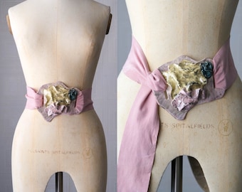 Vintage 80s Floral Ceramic Pastel & Silver Metallic Large Buckle Baby Pink Feather Suede Adjustable Belt | 1980s Handmade Statement Belt