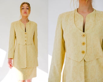 Vintage 90s Giorgio Armani Moroccan Gold Floral Brocade Vest Blazer Mini Skirt Suit Unworn NWT | Made in Italy | 1990s Armani Designer Suit