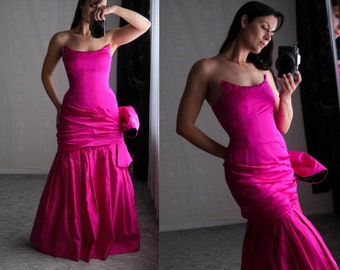 Vintage 80s Scaasi Boutique Hot Pink Silk Triangle Corset Silk Gown w/ Ruched Exaggerated Bow UNWORN NWT | Made in USA | 1980s Designer Gown