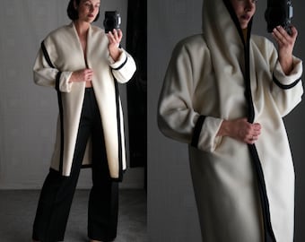 Vintage 80s ANNE KLEIN White & Black Trimmed Exaggertaed Wide Convertible Shawl Hood Collar Coat | Made in USA | 1980s Designer Wool Jacket