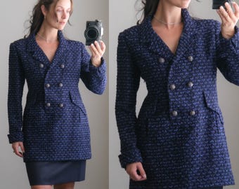OSCAR de la RENTA Documented RUNWAY Bouclé Navy Double Breasted Longline Jacket Suit w/ Matching Skirt | 2000s Designer Skirt Professional