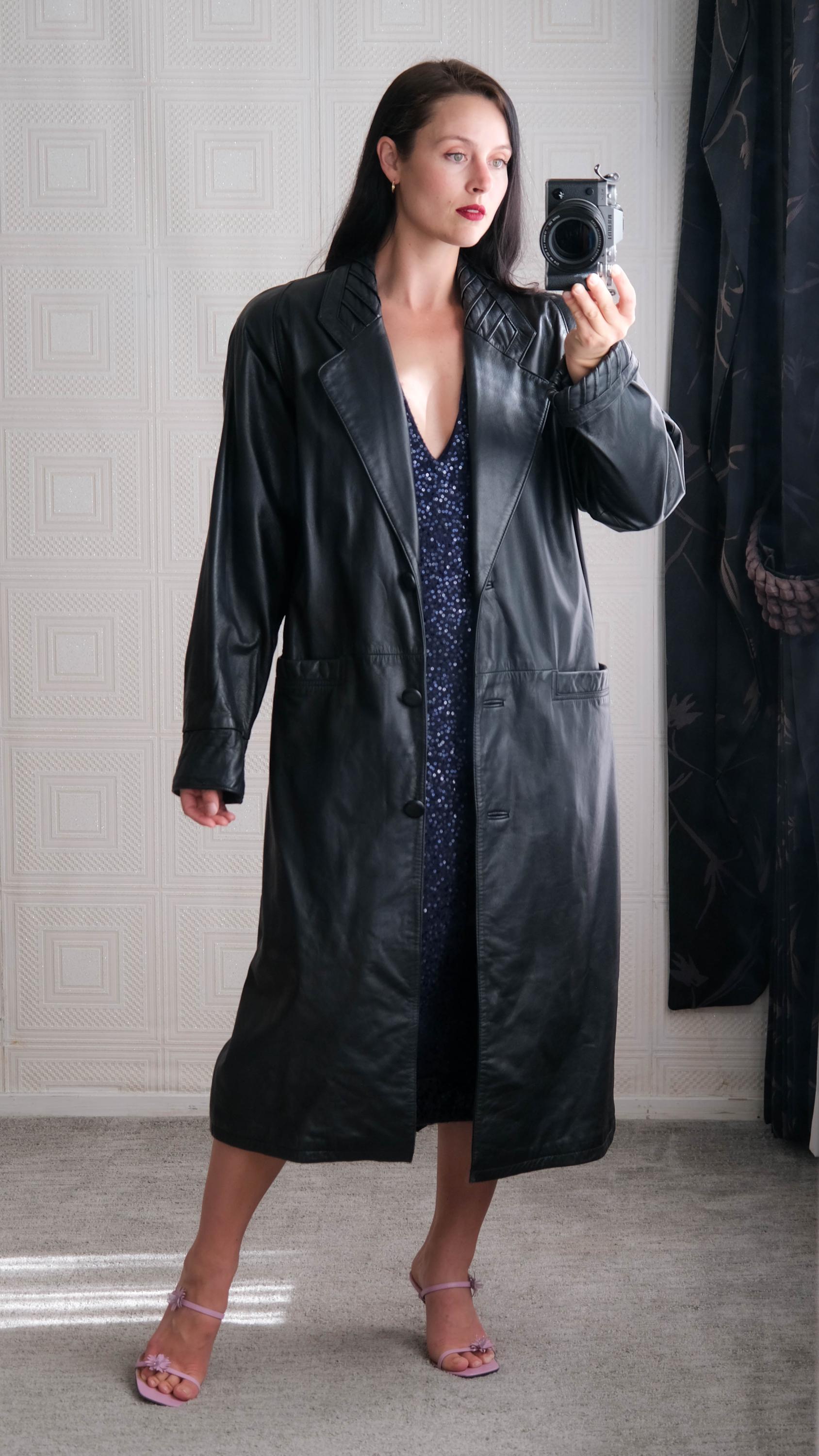 Vintage 80s J. FERRAR Black Lambskin Leather Drop Shoulder Trench