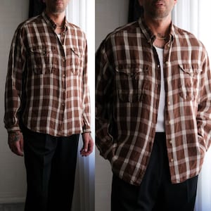 Vintage 80s Giorgio Armani Le Collezioni Chocolate Buffalo Plaid Linen Shirt | Made in Italy | 100% Linen | 1980s Armani Designer Mens Shirt