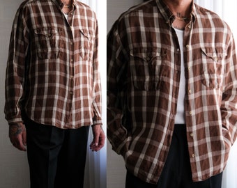 Vintage 80s Giorgio Armani Le Collezioni Chocolate Buffalo Plaid Linen Shirt | Made in Italy | 100% Linen | 1980s Armani Designer Mens Shirt