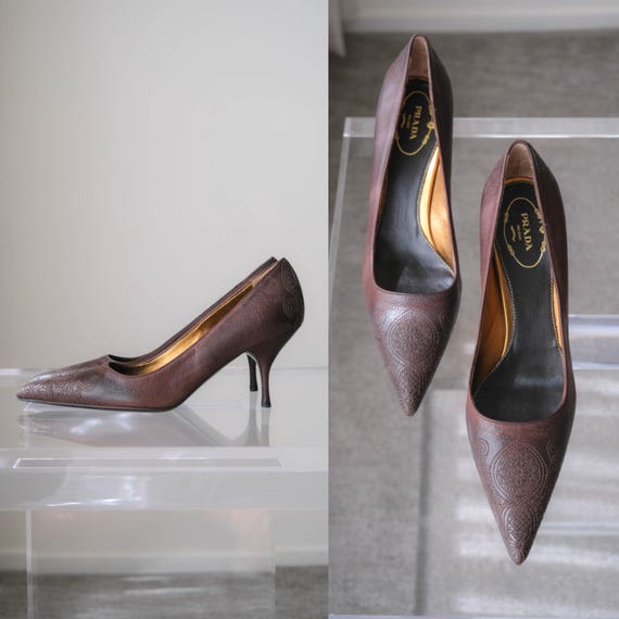 Vintage PRADA 2006 Antic Flower Teak Embroidered Heels Unworn w/ Box & Dust Bags | Made in Italy | Size 39.5 | Y2K PRADA Designer Shoes