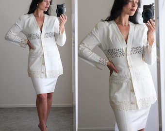 Vintage 80s FENDI White Cotton Drop Shoulder Skirt Suit w/ Lace Stripe & Gold Framed Buttons | Made in Italy | 1980s LAGERFELD Designer Suit