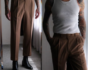 Vintage 90s BRIONI Camel Tan Pleated Gabardine Cuffed Leg Slacks | Made in Italy | 100% Wool | 1990s BRIONI Italian Designer Mens Pants