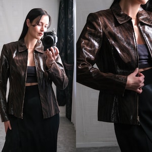 Vintage 90s Escada Dark Brown Shimmery Snakeskin Embossed Leather Jacket w/ Black Zebra Print | 100% Genuine Leather | 1990s Designer Jacket