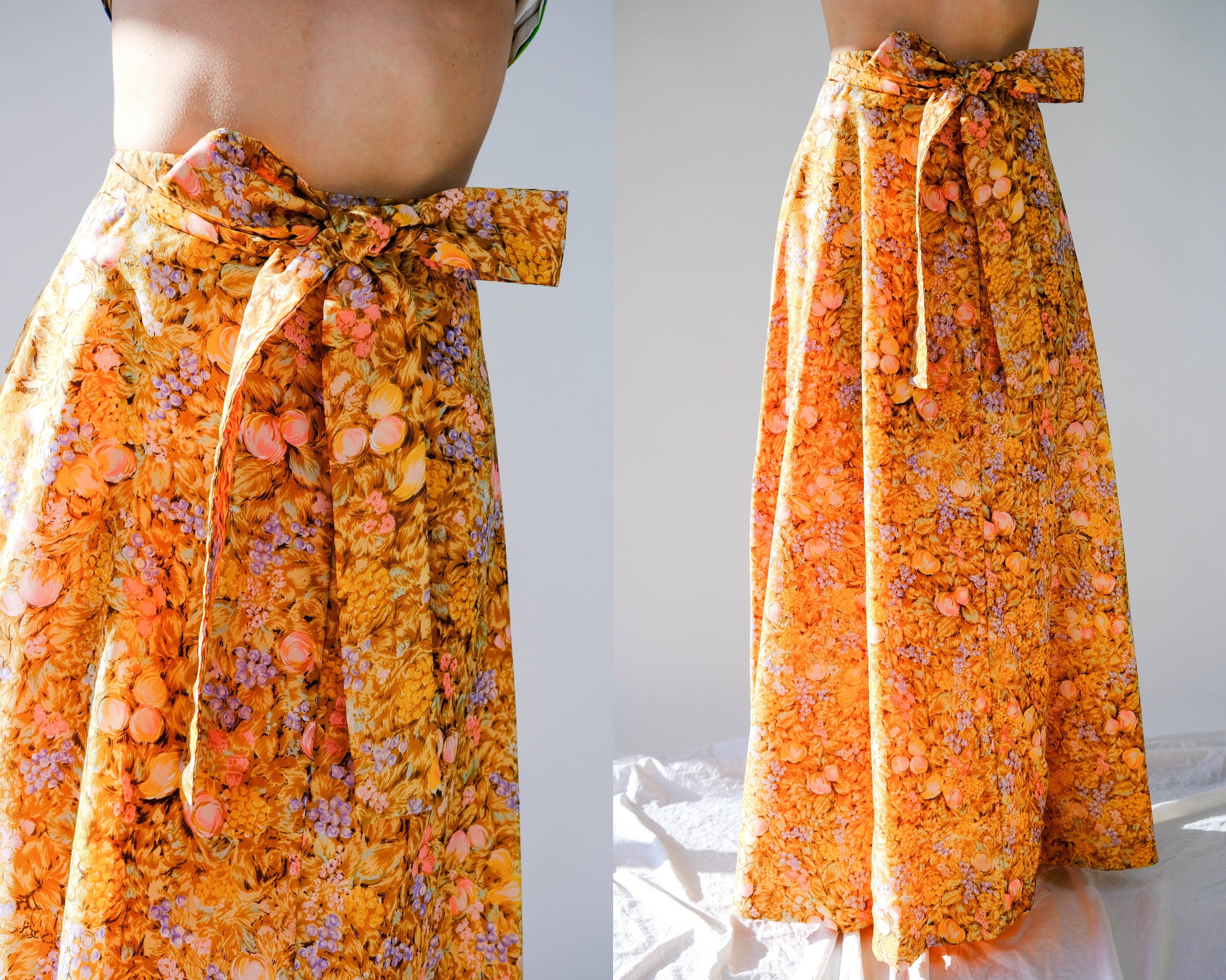 Vintage Skirt Mustard Paisley Fabric Handmade Wrap Skirt Knee