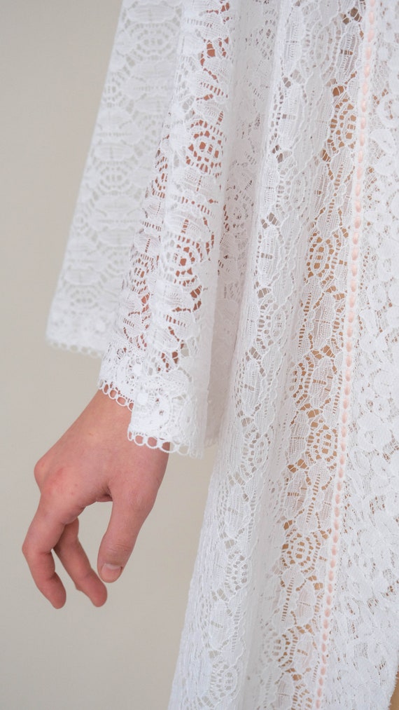 Cream Floral Lace Trim Gauze Open-Front Duster