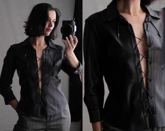 Vintage 90s ROBERTO CAVALLI Black Leather Laced Shirt w/ Gothic Copper Caps | Made in Italy | 100% Genuine Leather | 1990s Designer Blouse