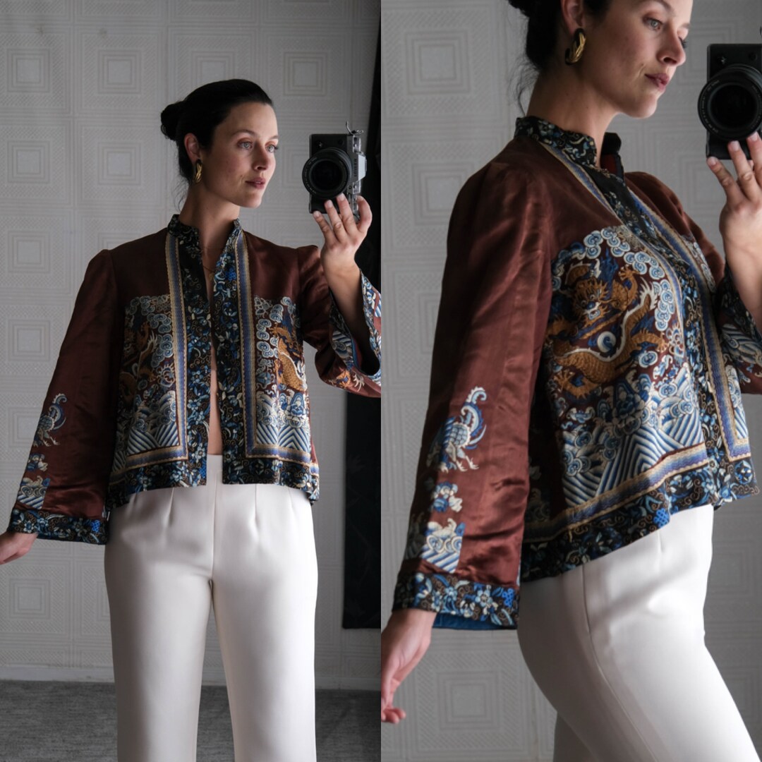 Antique Hazelnut Silk Vibrant Hand Embroidered Qing Dynasty Chinese