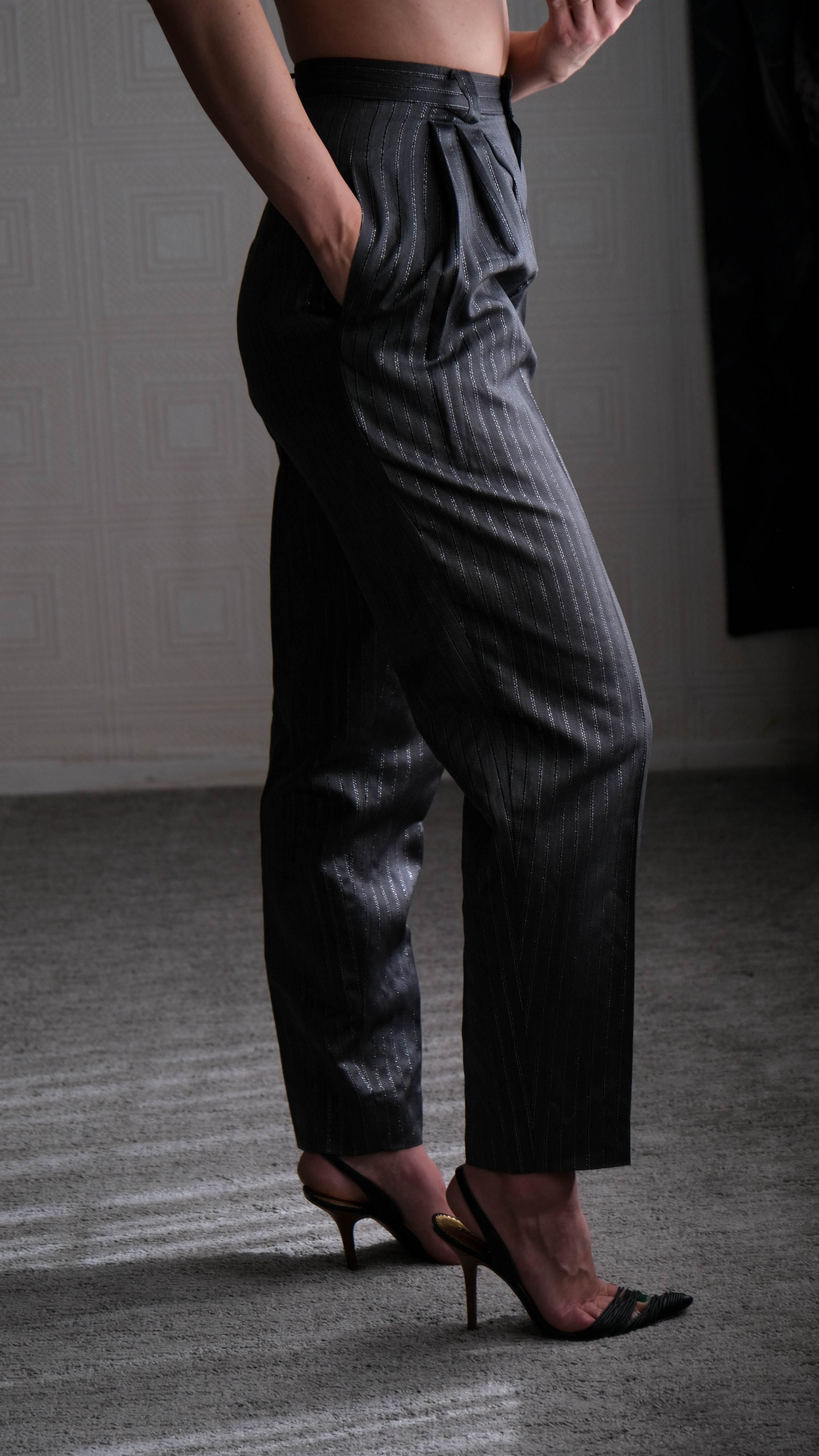 Vintage 80s KRIZIA Gray Silk Pleated High Waisted Tapered Leg Pants W ...