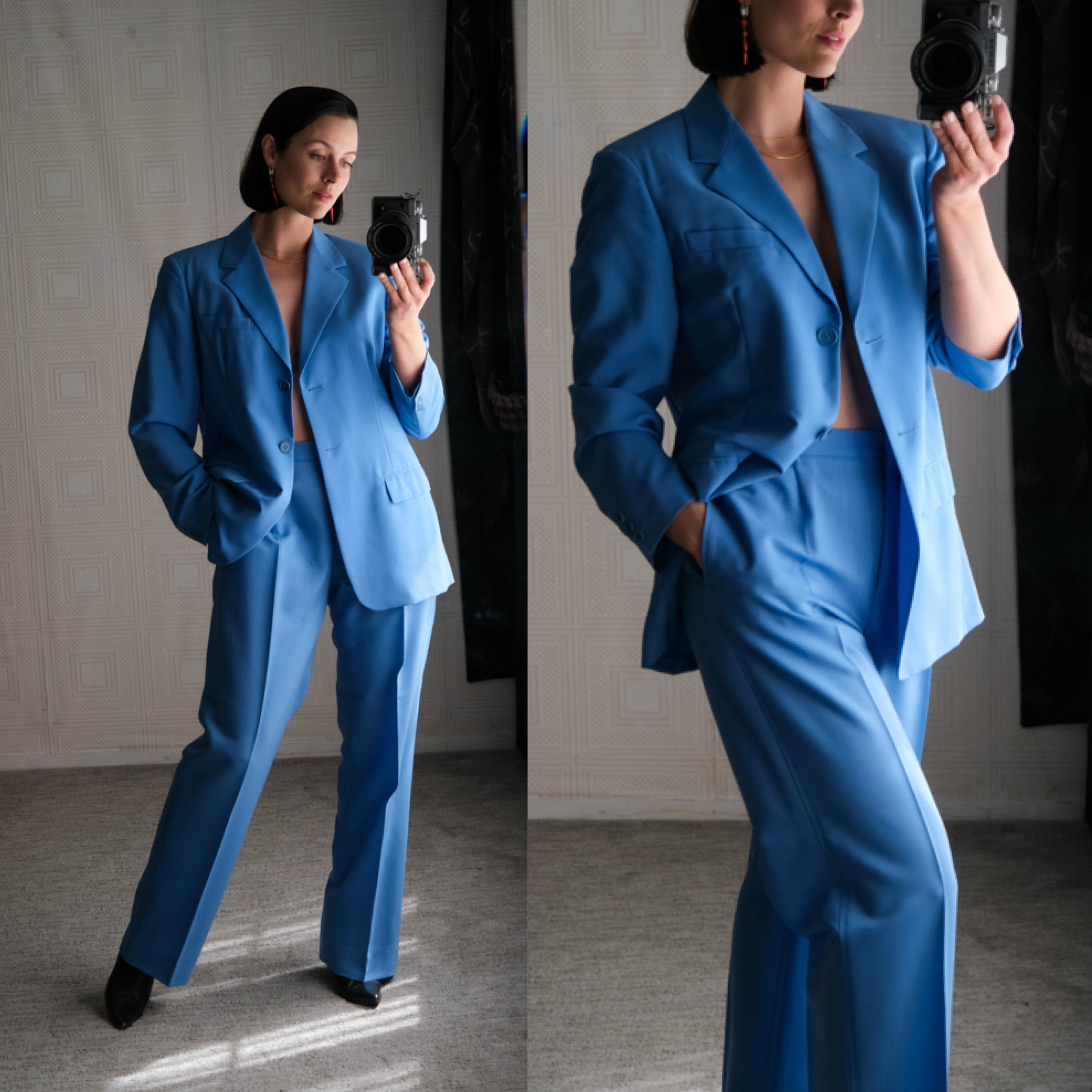 Max Mara Cornflower Blue Lightweight Wool Mohair Gabardine Mid Rise Wide Leg Suit Made in Italy Y2K 2000s Italian Designer Womens Suit