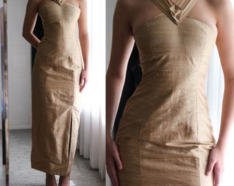 Vintage 60s Gold Raw Silk Halter Hourglass Formal Gown | 100% Raw Silk | Pinup, Noir, Hollywood | 1960s Silk Evening Maxi Wiggle Dress