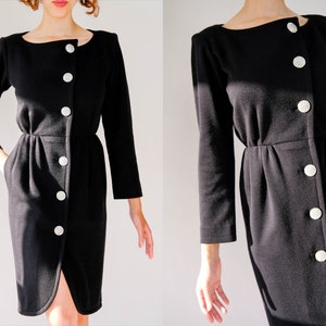 Vintage 80s Yves Saint Laurent Rive Gauche 1984 Runway Black Wrap Dress w/ Rhinestone Buttons | Made in France | 1980s YSL Designer Dress