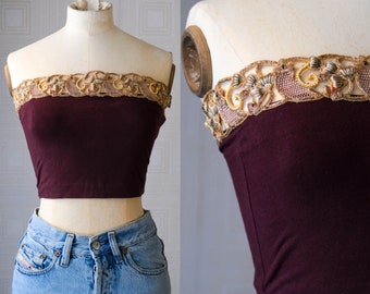 Vintage 90s ROMEO GIGLI Borgoña Stretch Tube Top con ribete bordado metálico dorado Sin usar NWT / Hecho en Italia / Top de seda de diseñador de la década de 1990