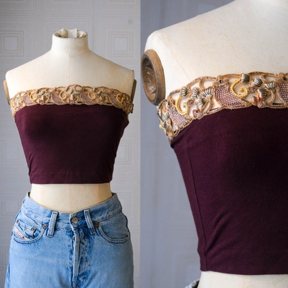 Vintage 90s ROMEO GIGLI Burgundy Stretch Tube Top W/ Gold Metallic