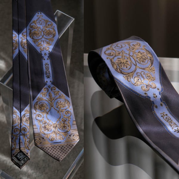Vintage 90s GIANFRANCO FERRE Black, Cerulean & Gold Baroque Pattern Silk Necktie | Made in Italy | 100% Silk | 1990s Designer Suit Tie
