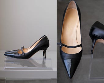 Vintage 90s COLE HAAN Collection Black Leather Mary Jane Pumps | SZ 6 B | Made in Italy | Pointed Toe Kitten Heel Designer Heels