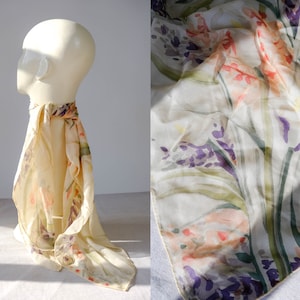 Vintage Ralph Lauren Ivory Silk Hand Rolled Scarf w/ Soft Pastel Watercolor Floral Print | 100% Silk | Large 34x35 | RL Designer Silk Scarf