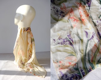 Vintage Ralph Lauren Ivory Silk Hand Rolled Scarf w/ Soft Pastel Watercolor Floral Print | 100% Silk | Large 34x35 | RL Designer Silk Scarf