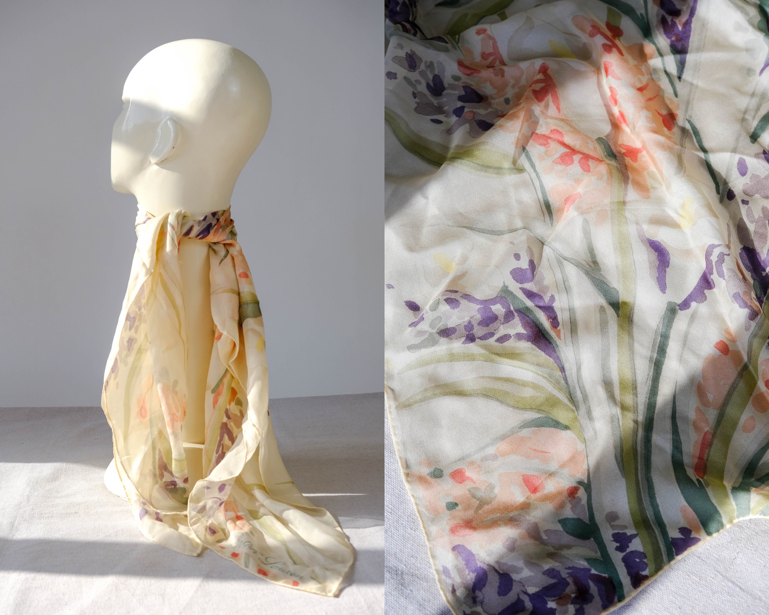 Vintage Ralph Lauren Ivory Silk Hand Rolled Scarf w/ Soft Pastel Watercolor Floral Print | 100% Silk | Large 34x35 | RL Designer Silk Scarf