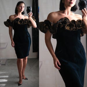 Vintage 80s ROGER SAKOUN PARIS Black Velvet & Taffeta Leopard Ruffle Off Shoulder Dress | Made in France | 1980s French Designer Party Gown