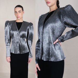 Vintage 80s Krizia Gun Metal Silver Fortuny Pleated Poof Shoulder Blouse Jacket Made in Italy 1980s Designer Avant Garde Shirt Blazer image 1