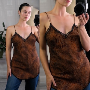 Vintage 80s NATORI Leopard Print Camisole Tank w/ Black Lace Trim | 100% Silk | 1980s Designer Romantic Slip Bias Cut Animal Print Tank