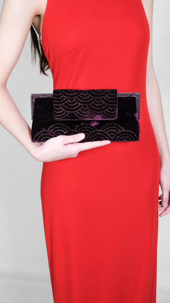 80s GIORGIO ARMANI Velvet Chain Bag チェーン GIORGIO ARMANI Merlot Velvet Art Deco Rhinestone Convertible