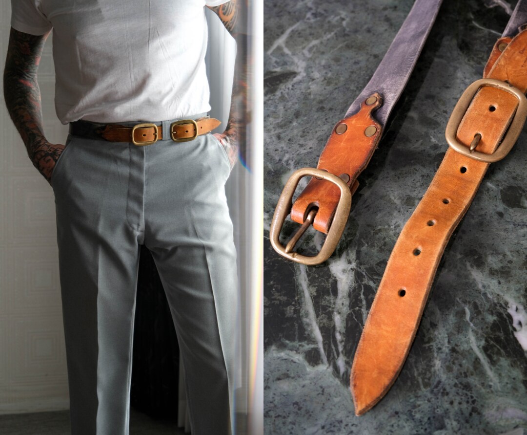 Vintage 80s 90s Brown (267) Leather Unique Double D-ring Buckle Belt