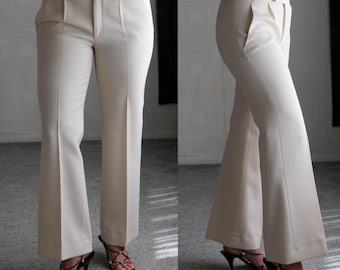 SALVATORE FERRAGAMO Light Cream Heavy Wool Twill Gabardine Slacks w/ Silk Lining | Made in Italy | Y2K 2000s FERRAGAMO Designer Womens Pants