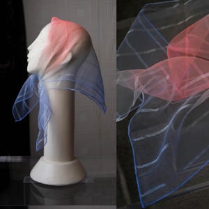 Vintage 70s Japanese Neon Ombré Sheer Striped Blue Pink & White Scarf | Made in Japan | 25.5&quot; x 26&quot; | 1970s Designer Gift-able Scarf