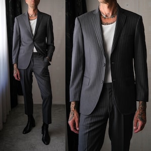 PAL ZILERI Gray Pinstripe Mod Slim Lapel Two Button Gabardine Suit | Made in Italy | Italian Size 48 | 100% Wool | Y2K Italian Designer Suit