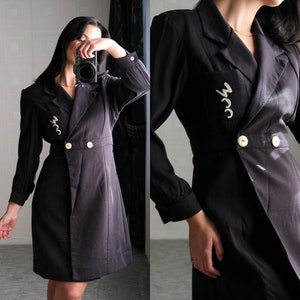 Vintage 30s 40s Black Rayon Gabardine Double Breasted Reefer Swing Coat w/ Chainstitch Pocket | 100% Rayon | 1930s 1940s Gabardine Jacket