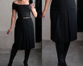 Vintage 80s CELINE PARIS Black Gabardine Pleated Skirt w/ Leather & Metal Horsebit Accent | Made in France | 1980s French Designer Skirt