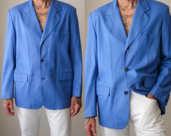 Vintage GRETA Azure Blue Lambskin Leather 3 Button Blazer Unworn w/ Tags | Made in Italy | 100% Genuine Leather | Y2K Designer Mens Jacket