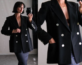 Vintage 90s ERIC NEW YORK Black Cashmere Double Breasted Blazer con grandes botones de concha iridiscente / Chaqueta de mujer Cashgora de diseñador de la década de 1990